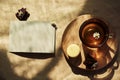 Aesthetic summer tea time, herbal tea and macarons dessert outside in the terrace under trendy hard shadows. Mock up of