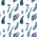 Watercolor seamless feather pattern on white background