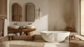 Aesthetic wabi sabi bathroom interior design in brown and white shades with solid oak and rattan furniture