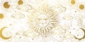 Aesthetic white background with golden sun with face, clouds and stars. Magic tarot card, celestial banner. Frame for astrology,