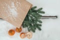 Aesthetic winter flat lay with snow, tangerines and fir branches in the craft pakage. New year background with fresh