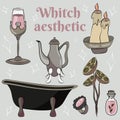 Aesthetic witch. Icon set. Cup, bath, potion, ring, candles, teapot, flowers. The time of the witches. Drinking utensils. Magic