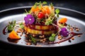 Aesthetically layered vegetable salad with edible flowers and pomegranate sauce on an elegant dark plate