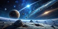 A breathtaking panorama of an alien world featuring a celestial river of light and numerous planets. Generative AI Royalty Free Stock Photo