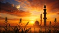 Serene sunset silhouette of a mosque and minarets. Generative AI Royalty Free Stock Photo