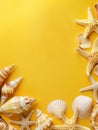 An aesthetically pleasing spread of seashells and starfish on a yellow hue, evoking the warmth of tropical beaches. Copy Royalty Free Stock Photo