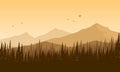 Aesthetically views mountains with silhouetted pine trees from the out of the city at dusk. Vector illustration