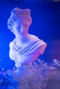 Aesthetics of Ancient Greece, bust with gift boxes of trendy lilac color in neon lighting. The concept of March 8