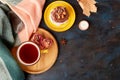 Aesthetics Chocolate Pavlova cake, Tea Cup background. Autumn tea time vibes flat lay. Copy space Royalty Free Stock Photo