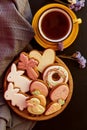 Aesthetics festive Easter cookies, cups of tea close up. Holiday food, tea time Royalty Free Stock Photo