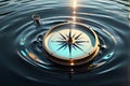 Aetherial Navigation: Translucent Compass Levitating Above Rippled Water Surface, Fluorescent Glow Emanating From Within Royalty Free Stock Photo