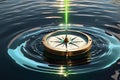 Aetherial Navigation: Translucent Compass Levitating Above Rippled Water Surface, Fluorescent Glow Emanating From Within Royalty Free Stock Photo