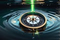 Aetherial Navigation: Translucent Compass Levitating Above Rippled Water Surface, Fluorescent Glow Emanating From Within