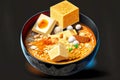 aetizing japanese tonkotsu ramen bowl with tofu cubes and egg