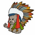 Tabby cat wear American Indian hat cartoon illustration