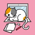 Cute white cat resting on laptop cartoon vector illustration Royalty Free Stock Photo