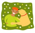 affectionate dog. Teenage boy hugging dog, pet, happy man and smiling boy with puppy, licking pets and game owners best friends