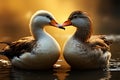Affectionate duck and bird touch beaks, forging a sweet connection