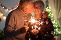 An affectionate kiss between elderly wife and husband who celebrate Christmas with sparks. Lights and Christmas tree in the Royalty Free Stock Photo