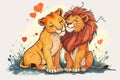 Affectionate Lion Couple Enjoying a Tender Moment in a Heartwarming Illustration Royalty Free Stock Photo