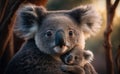 A koala bear carrying a cute baby in a heartwarming display of motherly love, generative AI