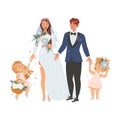 Affectionate Newlyweds Couple as Just Married Male and Female Walking Holding Bouquet with Cute Kids Accompanying Them