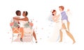 Affectionate Newlyweds Couple as Just Married Male and Female in Wedding Dress Embracing and Dancing Vector Illustration