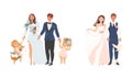 Affectionate Newlyweds Couple as Just Married Male and Female in Wedding Dress Holding Hands Vector Illustration Set