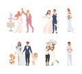 Affectionate Newlyweds Couples as Just Married Male and Female in Wedding Dress Dancing and Feeling in Love Vector