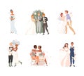 Affectionate Newlyweds Couples as Just Married Male and Female in Wedding Dress Dancing and Feeling in Love Vector