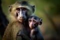 Affectionate portrait of mother baboon and baby. Amazing wildlife. generative Ai