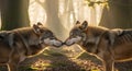 Affectionate Wolves Touching Noses in Golden Forest Light Royalty Free Stock Photo