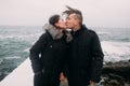 Affectionate young happy couple standing on pier by the sea and passionately kissing. Wonderful honeymoon Royalty Free Stock Photo