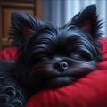 The Affenpinscher dog was sleeping soundly on his red pillow