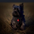 Affenpinscher puppy in a sweater in a countryside field