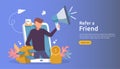 affiliate marketing concept. refer a friend strategy. people character shout megaphone sharing referral business partnership and Royalty Free Stock Photo