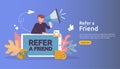 affiliate marketing concept. refer a friend strategy. people character shout megaphone sharing referral business partnership and Royalty Free Stock Photo