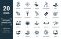 Affiliate Marketing icon set. Monochrome sign collection with pay per click, affiliate program, advertiser, affiliate Royalty Free Stock Photo