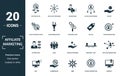 Affiliate Marketing icon set. Monochrome sign collection with pay per click, affiliate program, advertiser, affiliate