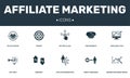 Affiliate Marketing set icons collection. Includes simple elements such as Focus group, Target, Key idea, Monitoring and Web