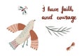 Affirmation card. Hand-drawn imperfect bird, butterflies, and hand-written affirmation.