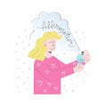 Affirmation looks like perfume covers girl. She is confident and happy. Vector illustration with lettering for card