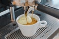 Affogato coffee with ice cream on a ceramic cup with coffee pouring from espresso machine Royalty Free Stock Photo