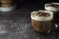 Affogato coffee with ice cream on a glass cup, dark, black background. Copy space Royalty Free Stock Photo