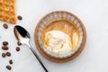Affogato Coffee with vanilla ice cream in crystal glass on white marble table Royalty Free Stock Photo