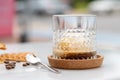 Affogato Coffee with vanilla ice cream in crystal glass on white marble table Royalty Free Stock Photo