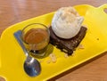 Affogato - espresso coffee shot with vanilla ice cream and brownie Royalty Free Stock Photo