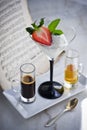 Affogato with with Ice Cream, strawberries, mint leaves, espresso and liqueur on the marble table Royalty Free Stock Photo