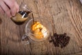 Affogato, pouring espresso coffee to Vanilla ice cream in double Royalty Free Stock Photo