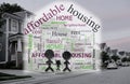 Affordable Housing word cloud and family with neighborhood houses background Royalty Free Stock Photo